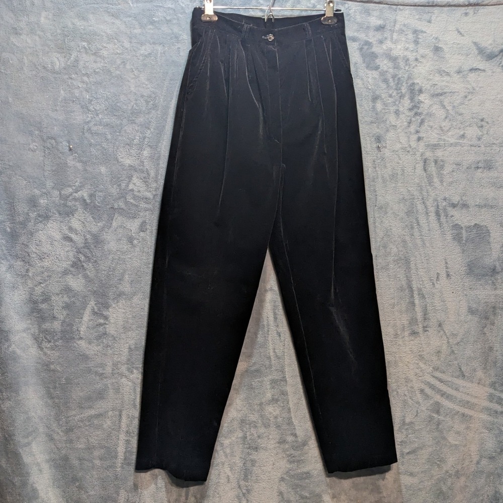 Vintage 80s 90s Black Velvet High Waisted Pleated Trousers Pants Women